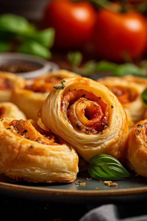 Pesto-Tomaten-Blätterteig-Schnecken auf einem Teller angerichtet.