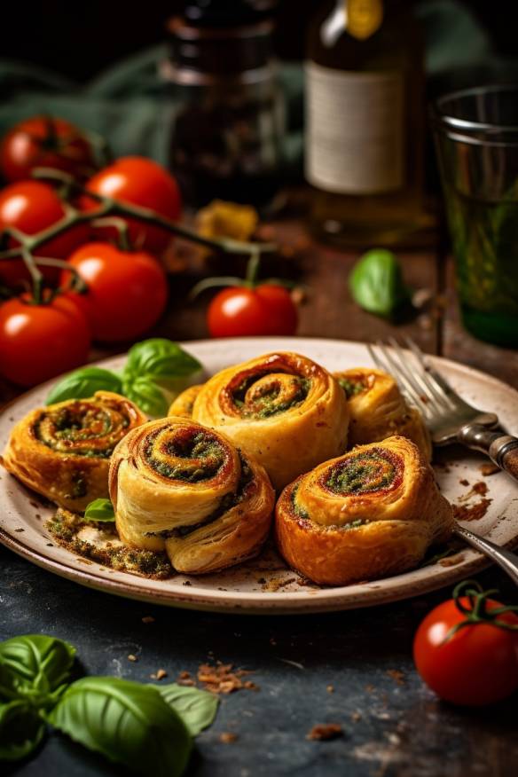 Pesto-Tomaten-Blätterteig-Schnecken auf einem Teller angerichtet.