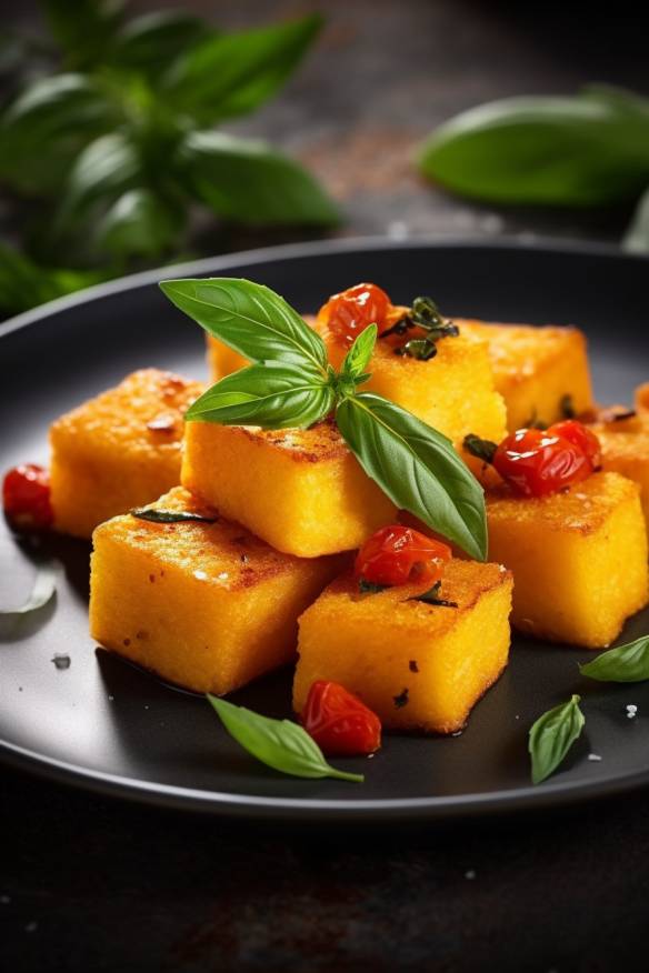 Polenta-Häppchen mit Tomaten und Basilikum auf einem Teller angerichtet.