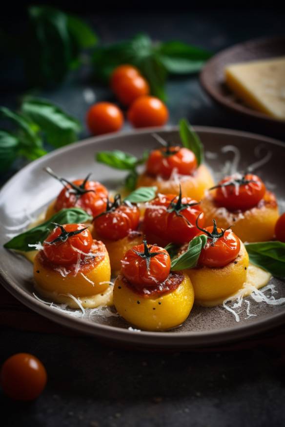 Polenta-Häppchen mit Tomaten und Basilikum auf einem Teller angerichtet.