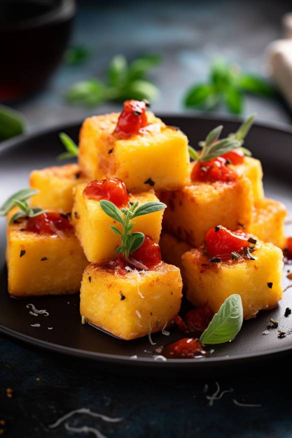 Polenta-Häppchen mit Tomaten und Basilikum auf einem Teller angerichtet.