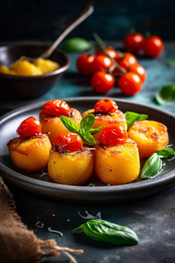 Polenta-Häppchen mit Tomaten und Basilikum auf einem Teller angerichtet.