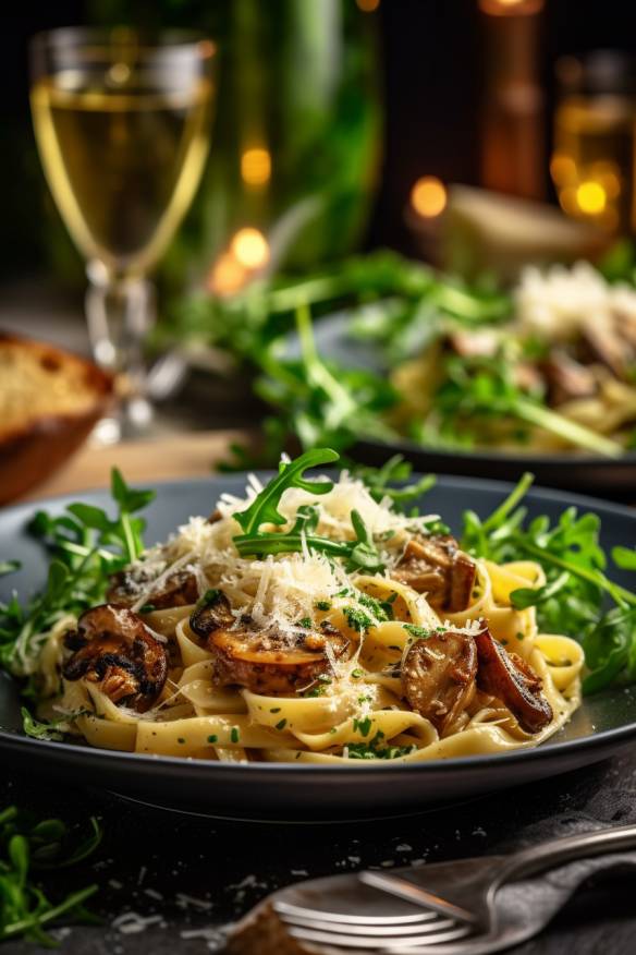 Steinpilz-Pasta mit Parmesan und Rucola auf einem Teller