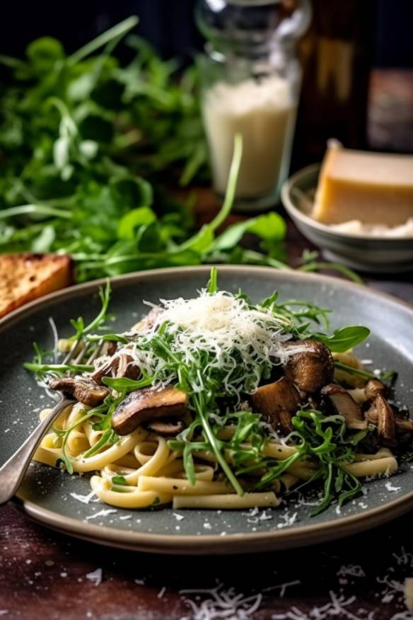 Steinpilz-Pasta mit Parmesan und Rucola auf einem Teller