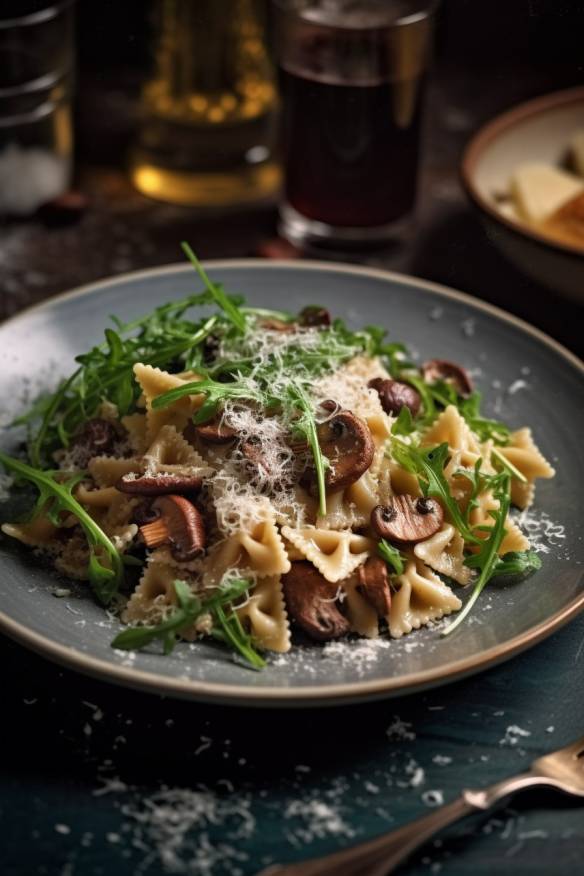 Steinpilz-Pasta mit Parmesan und Rucola auf einem Teller