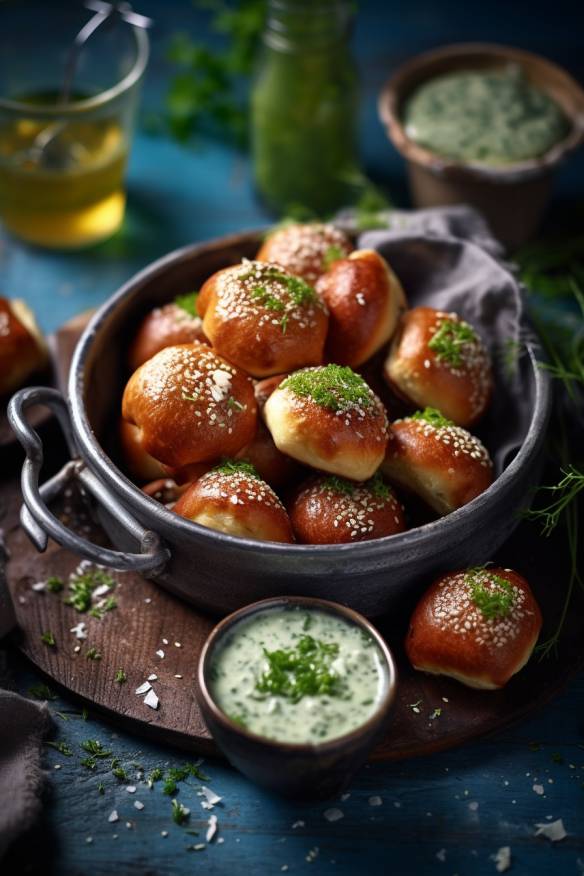 Laugen-Häppchen mit Kräuterquark-Dip auf einer Platte angerichtet.