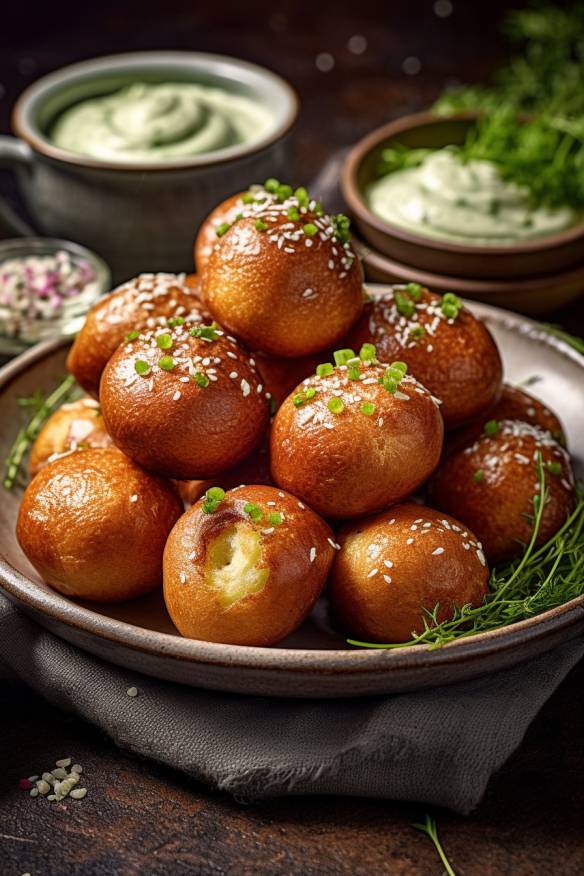 Laugen-Häppchen mit Kräuterquark-Dip auf einer Platte angerichtet.