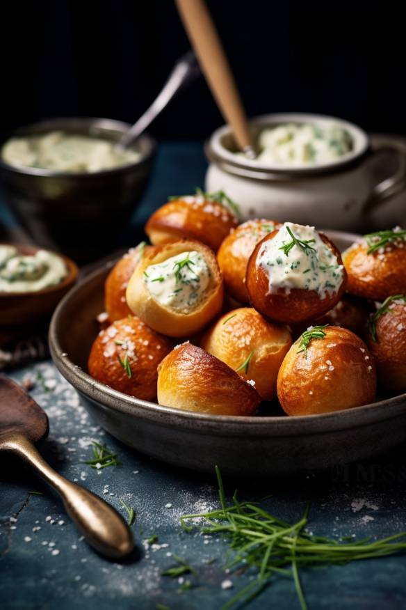 Laugen-Häppchen mit Kräuterquark-Dip auf einer Platte angerichtet.