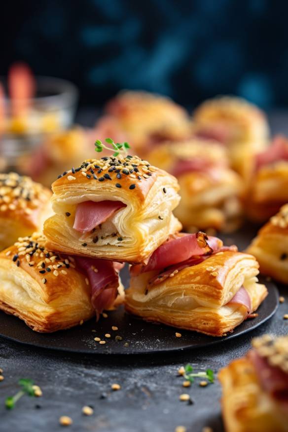 Blätterteig-Partyhäppchen mit Schinken, Salami und Käse