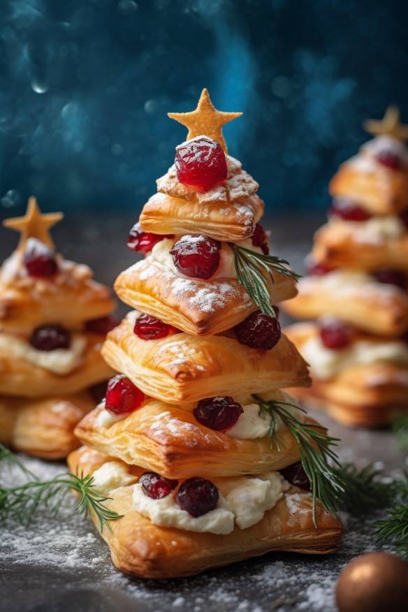 Blätterteig-Tannenbäumchen mit Ziegenkäse und Cranberries