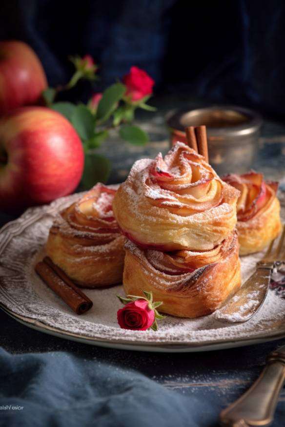 Blätterteig-Apfel-Rosen auf einem Teller angerichtet.