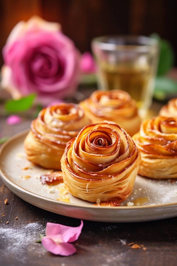 Blätterteig-Apfel-Rosen auf einem Teller angerichtet.