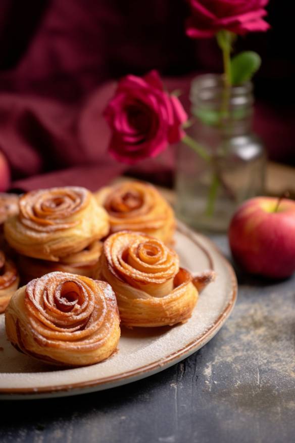 Blätterteig-Apfel-Rosen auf einem Teller angerichtet.