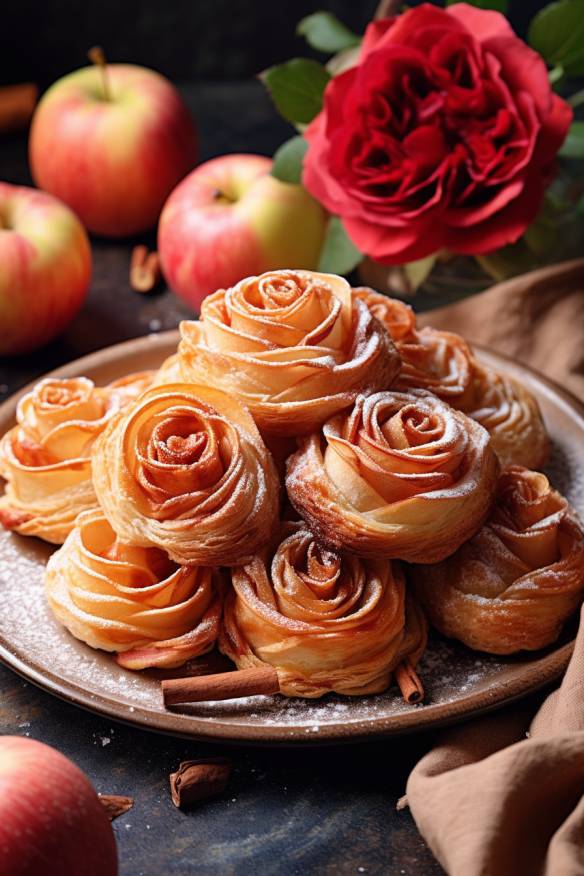 Blätterteig-Apfel-Rosen auf einem Teller angerichtet.