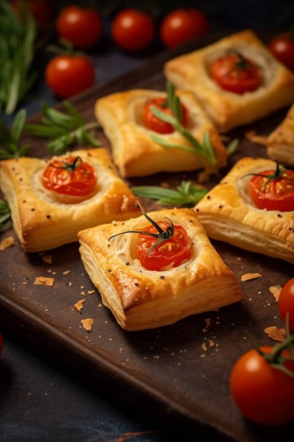 Blätterteig-Fingerfood mit Feta und Tomate.