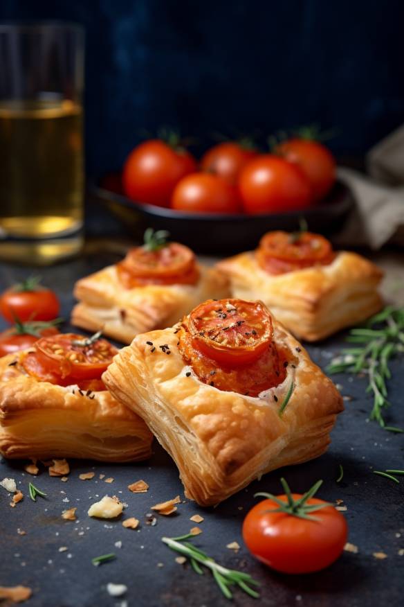 Blätterteig-Fingerfood mit Feta und Tomate.