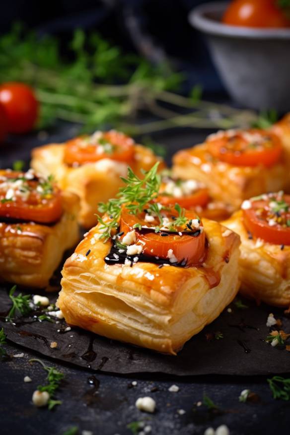 Blätterteig-Fingerfood mit Feta und Tomate.