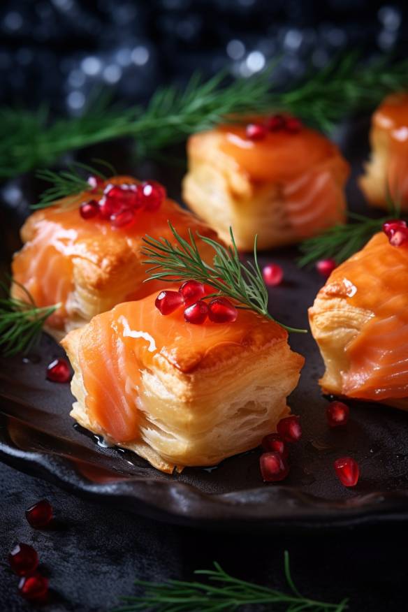 Silvester-Snacks mit Blätterteig und Lachs.