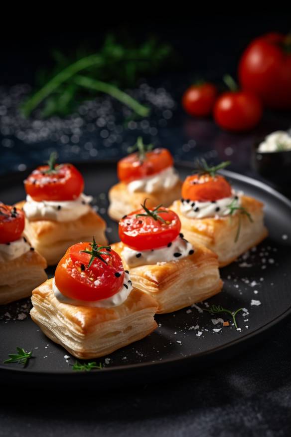 Blätterteig-Häppchen mit Tomate und Frischkäse auf einem Teller angerichtet.