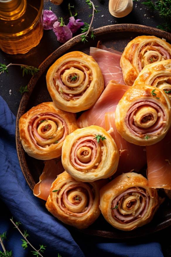 Blätterteig-Schnecken mit Schinken und Käse.