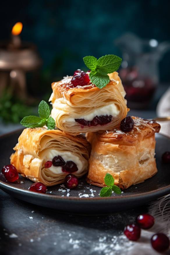 Blätterteig-Schnecken mit Ziegenkäse und Cranberries auf einem Teller