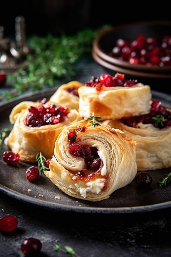 Blätterteig-Schnecken mit Ziegenkäse und Cranberries.