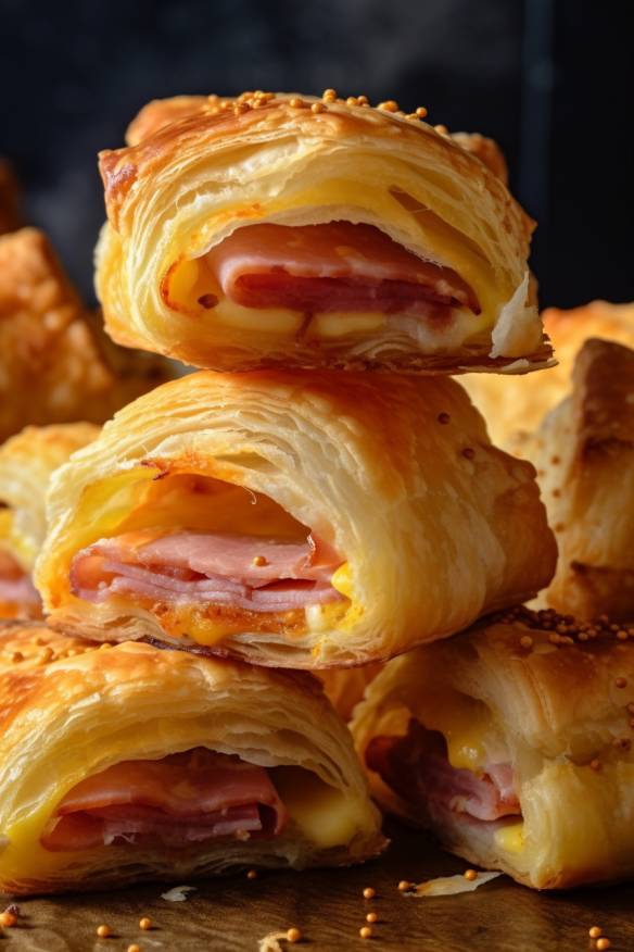 Blätterteig-Schnecken mit Schinken und Käse auf einem Teller angerichtet.