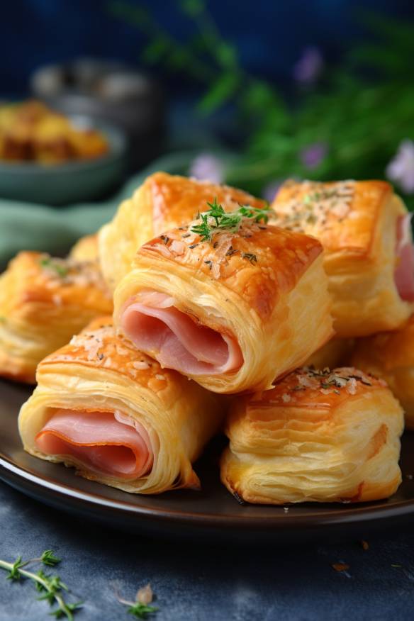 Blätterteig-Schnecken mit Schinken und Käse auf einem Teller angerichtet.