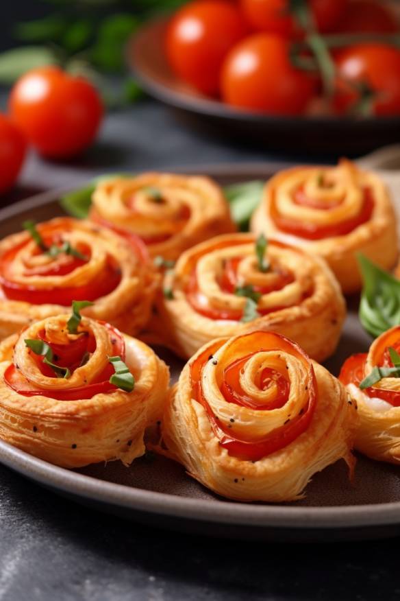 Blätterteig-Schnecken mit Tomaten und Mozzarella auf einem Teller.