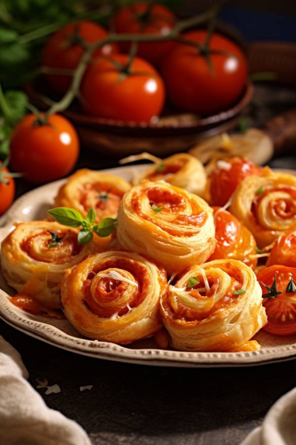 Blätterteig-Schnecken mit Tomaten und Mozzarella auf einem Teller.