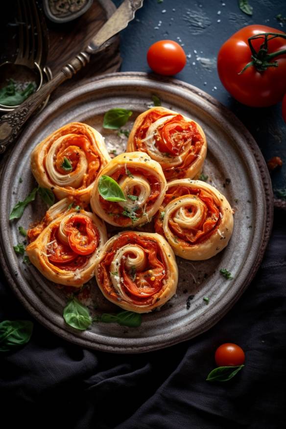 Blätterteig-Schnecken mit Tomaten und Mozzarella auf einem Teller.