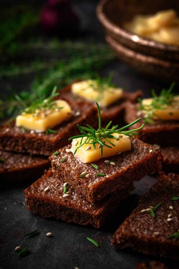 Pumpernickel-Häppchen mit Käse und Schnittlauch.