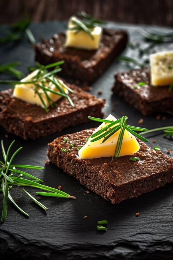 Pumpernickel-Häppchen mit Käse und Schnittlauch.