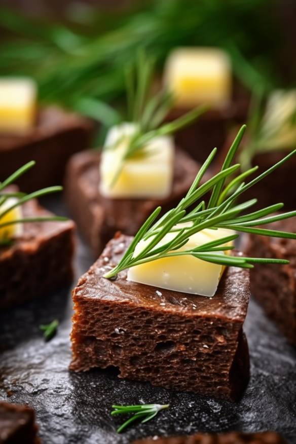 Pumpernickel-Häppchen mit Käse und Schnittlauch.