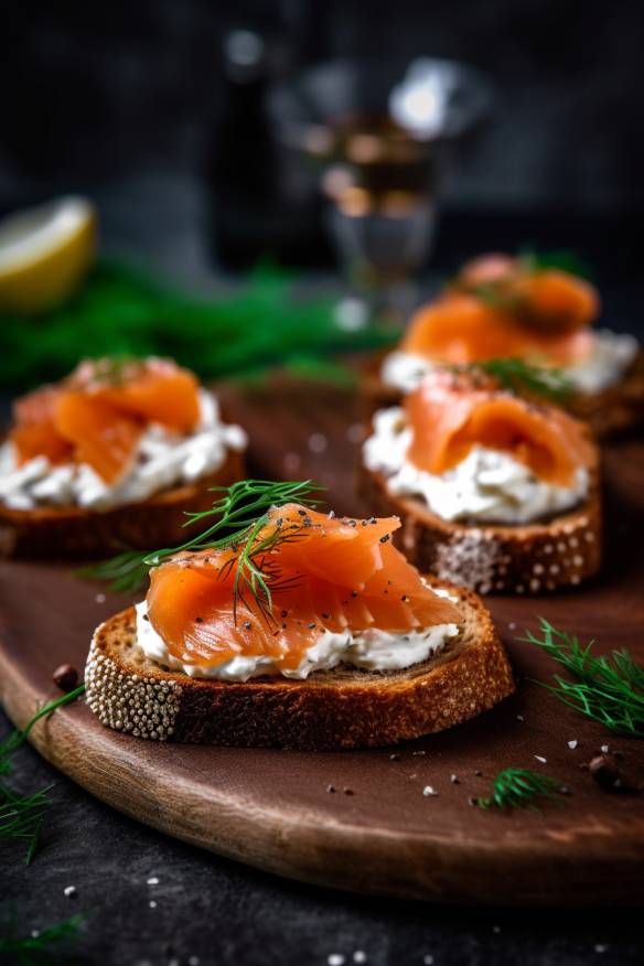 Pumpernickel-Häppchen mit Frischkäsecreme und geräucherter Forelle