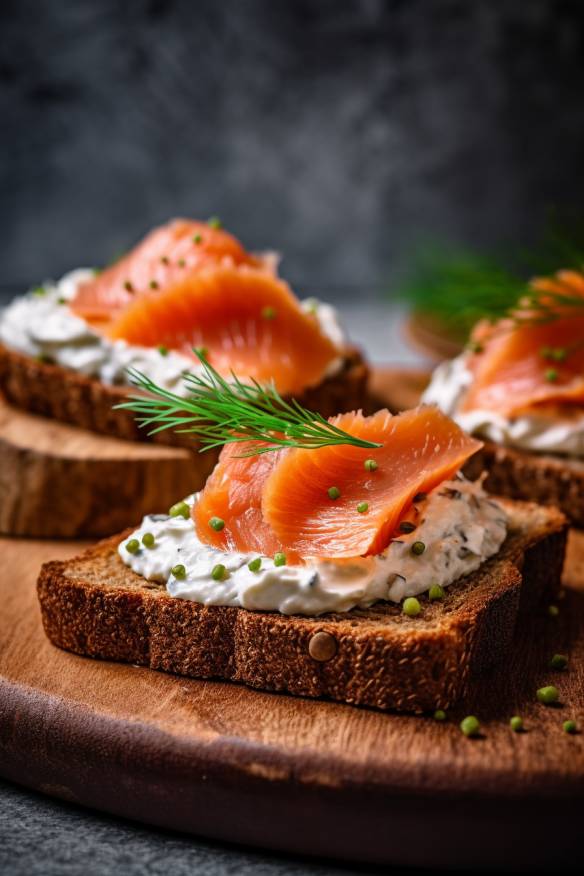 Pumpernickel-Häppchen mit Frischkäsecreme und geräucherter Forelle