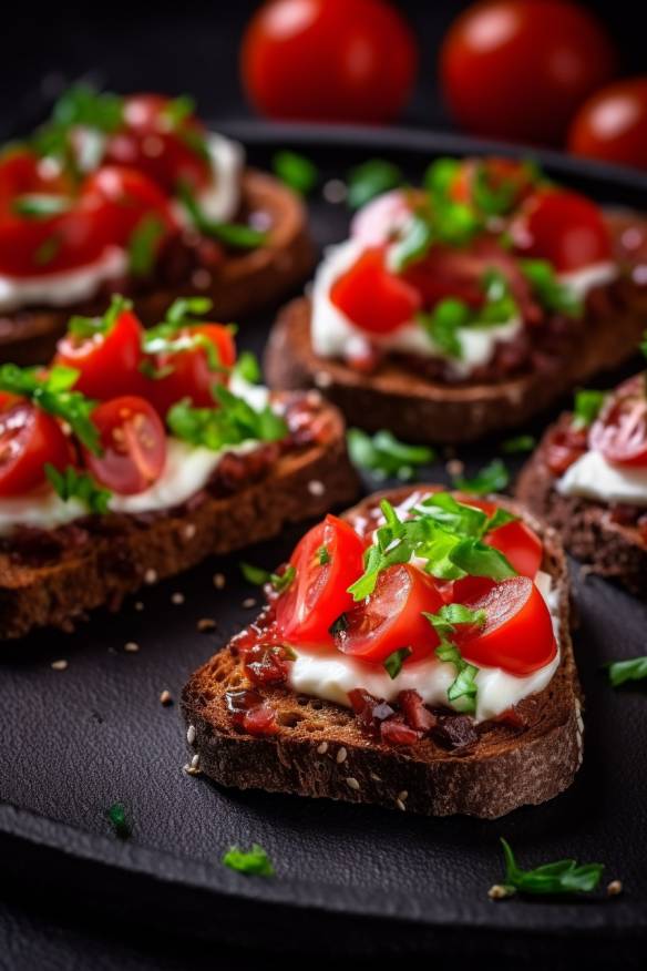 Pumpernickel-Bruschetta mit Tomaten und Mozzarella - Perfekte Partyhäppchen