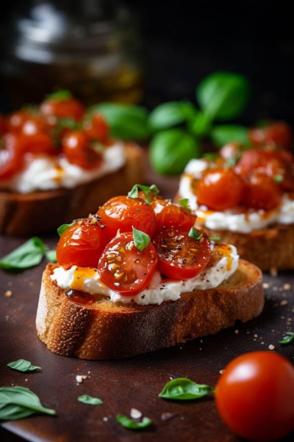 Pumpernickel-Bruschetta mit Tomaten und Mozzarella - Perfekte Partyhäppchen