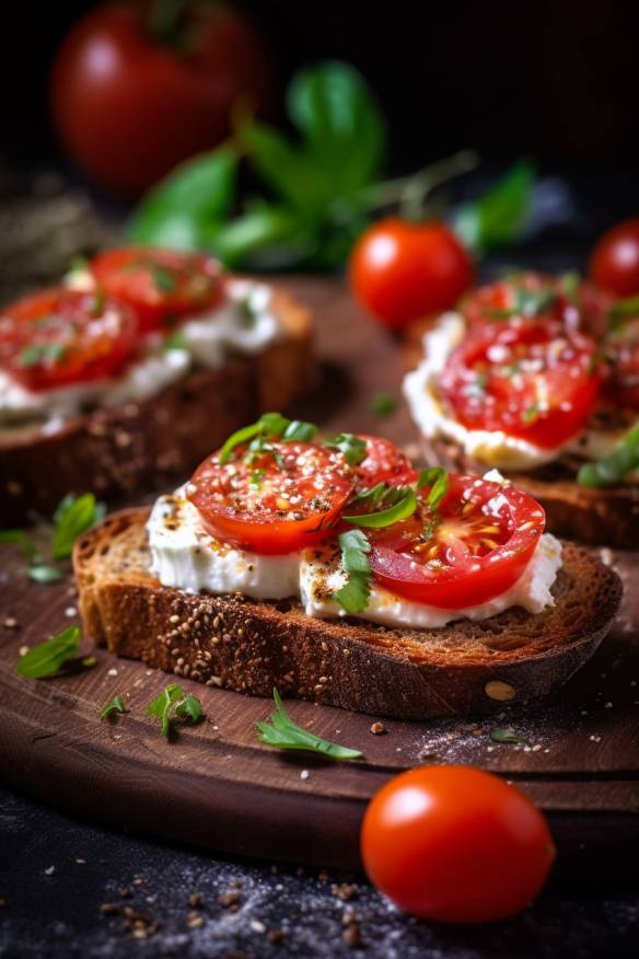 Pumpernickel-Bruschetta mit Tomaten und Mozzarella - Perfekte Partyhäppchen