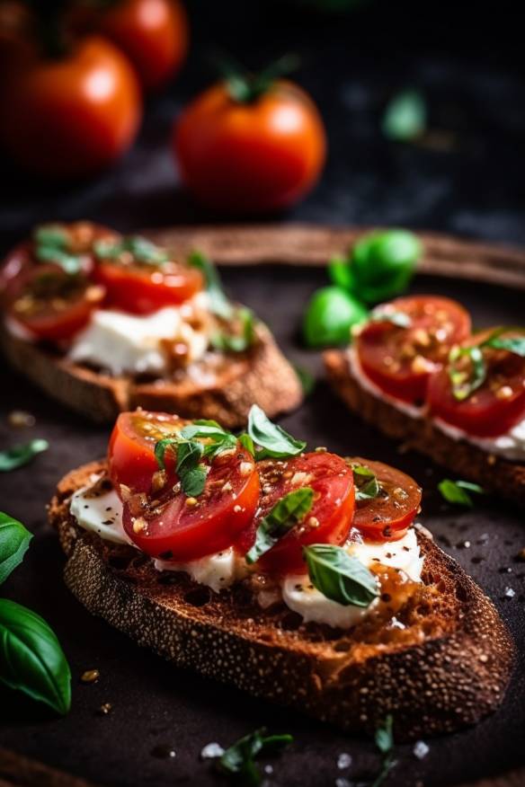 Pumpernickel-Bruschetta mit Tomaten und Mozzarella - Perfekte Partyhäppchen