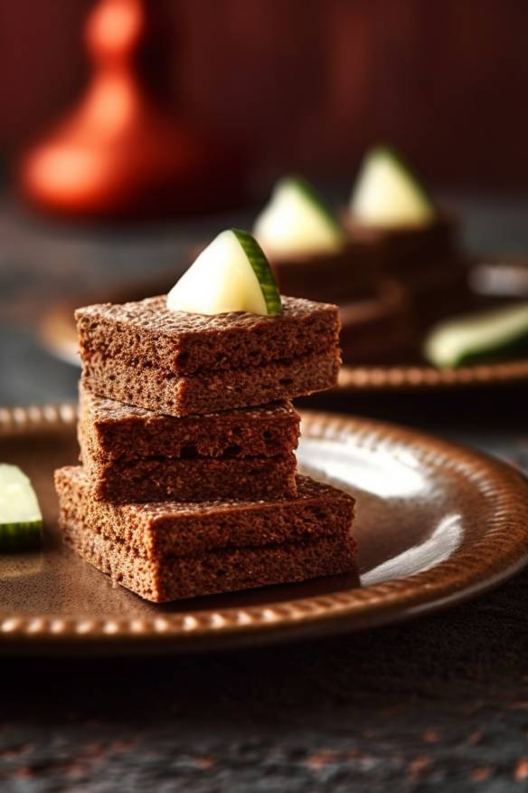 Pumpernickel-Käse-Fingerfood auf einem Teller angerichtet.