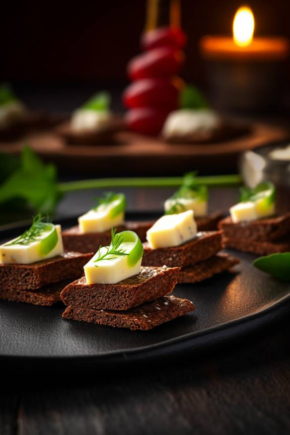 Pumpernickel-Käse-Fingerfood auf einem Teller angerichtet.