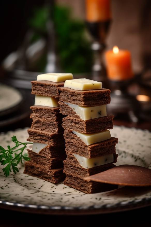 Pumpernickel-Käse-Fingerfood auf einem Teller angerichtet.