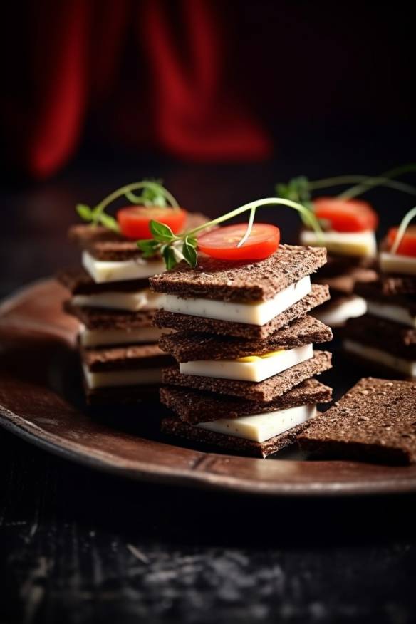 Pumpernickel-Käse-Fingerfood auf einem Teller angerichtet.