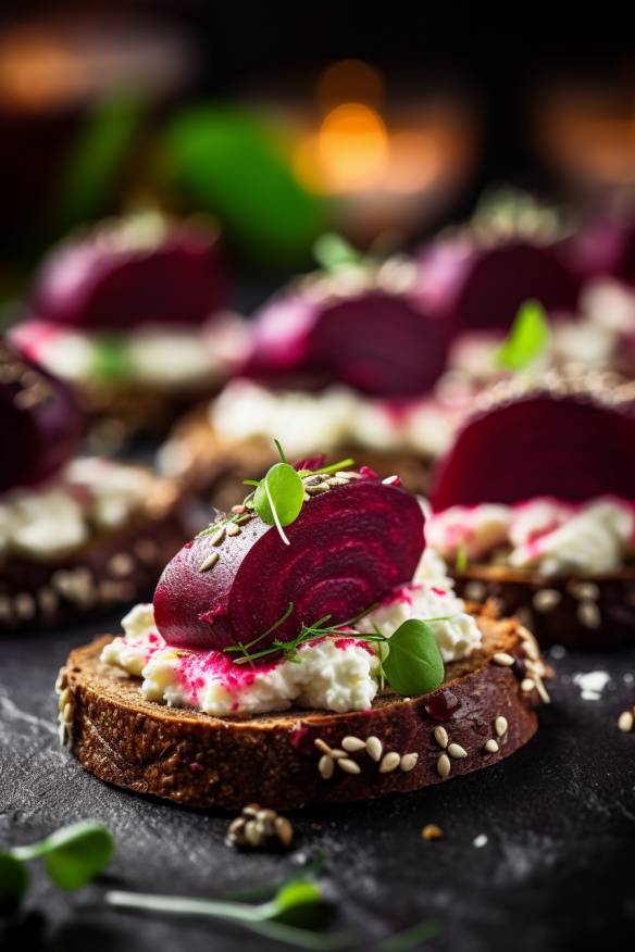 Pumpernickel Fingerfood mit Rote Bete und Ziegenkäse.