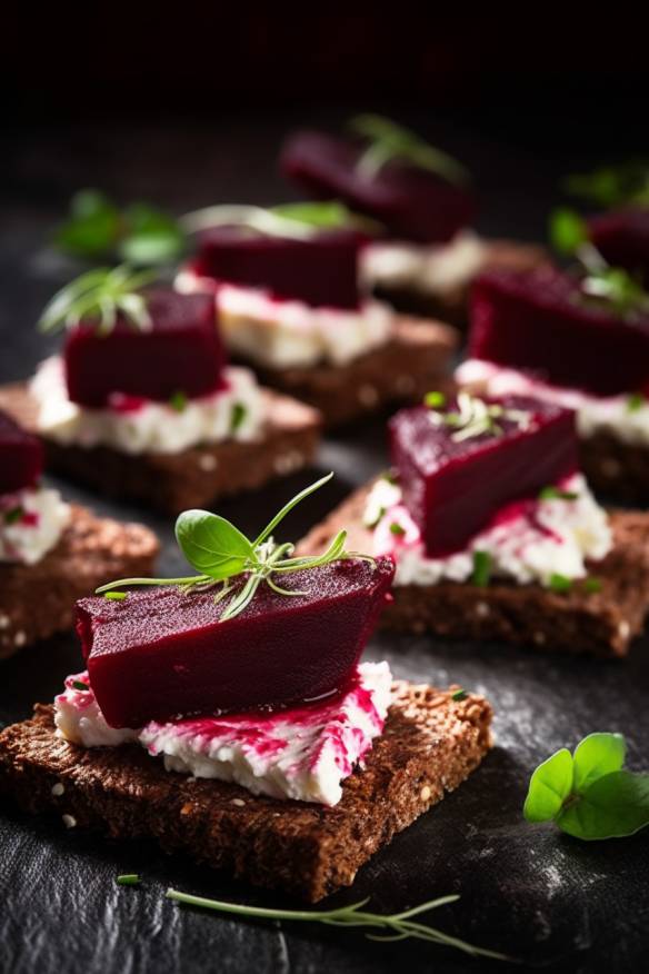 Pumpernickel Fingerfood mit Rote Bete und Ziegenkäse.