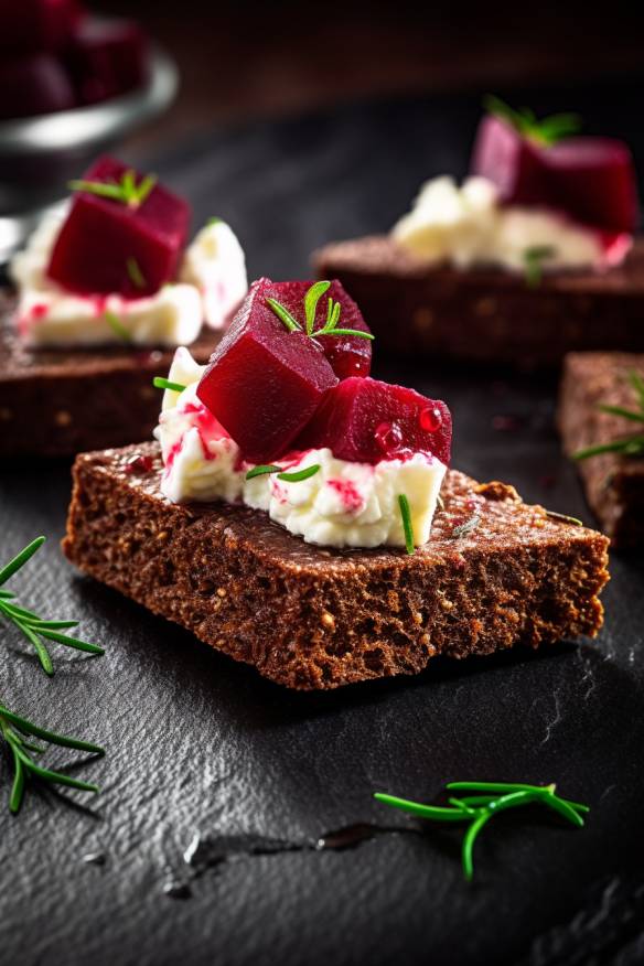 Pumpernickel Fingerfood mit Rote Bete und Ziegenkäse.