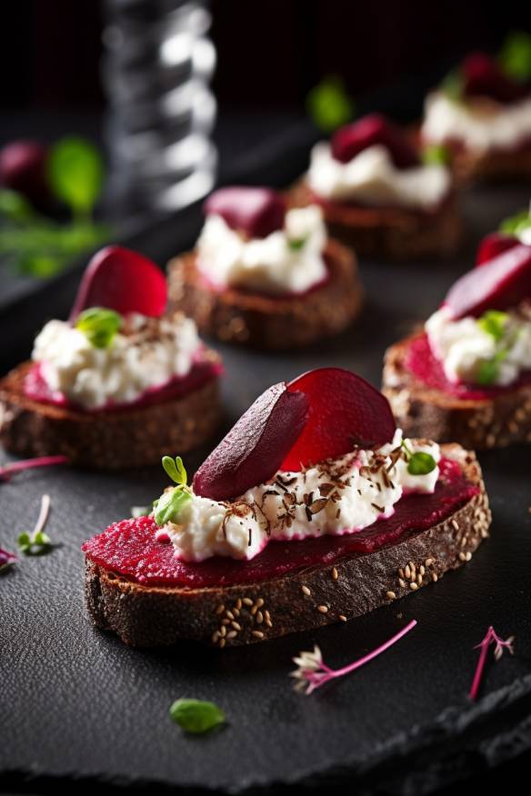 Pumpernickel Fingerfood mit Rote Bete und Ziegenkäse.