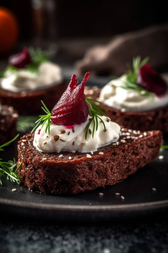 Pumpernickel-Fingerfood mit Frischkäsecreme und Rote Bete auf einem Teller