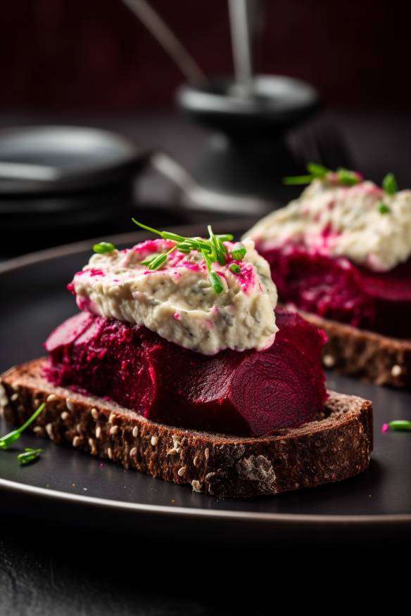 Pumpernickel-Fingerfood mit Frischkäsecreme und Rote Bete auf einem Teller